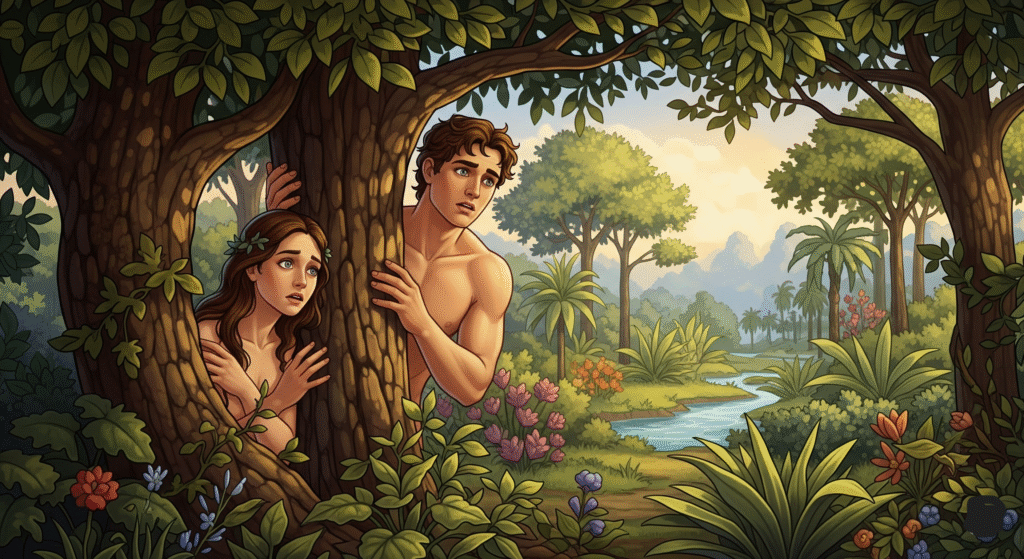Adam and Eve hiding among trees in Eden with shadows of fear labeled “anxiety,” “worry,” “guilt,” and “insecurity,” while God’s light shines in the background.